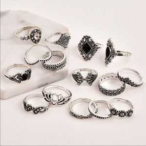 Jewelry - NEW Boho Silver and Onyx 15 Piece Ring Set Jewelry - NEW Boho Silver and Onyx 15 Piece Ring Set